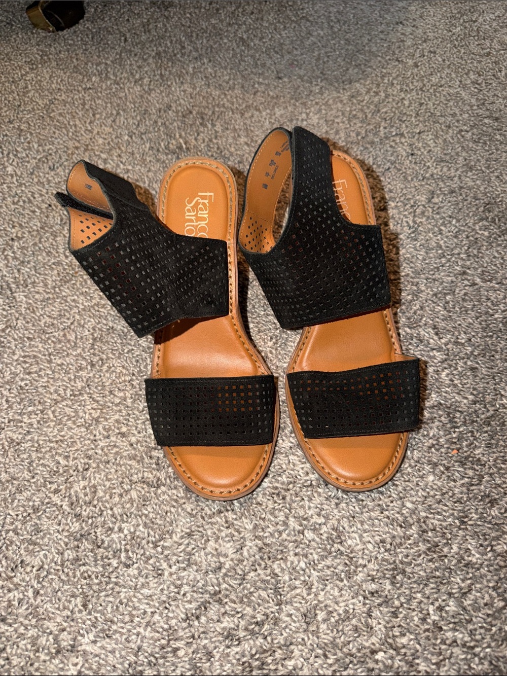 Franco Sarto Black Perforated Two-Strap Heals with Tan Footbed